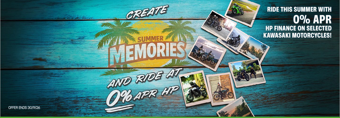 Ride this summer with 0% APR HP finance on selected Kawasaki motorcycles!